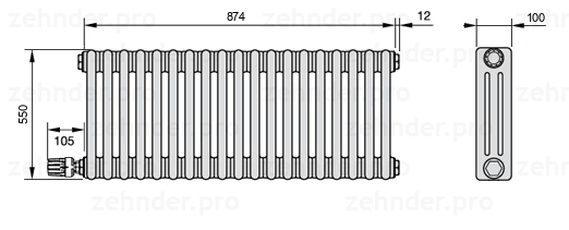 Схема (чертеж) Радиатор Zehnder Charleston 3055/19 №V003 Белый глянцевый RAL 9016